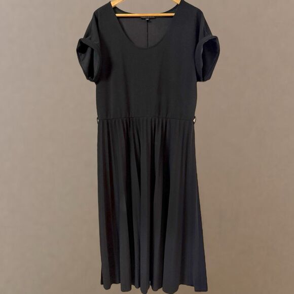 Babydoll Pleated Black Midi Dress Size 1X Plus Stretchy Minimalist Office Work - Picture 2 of 14